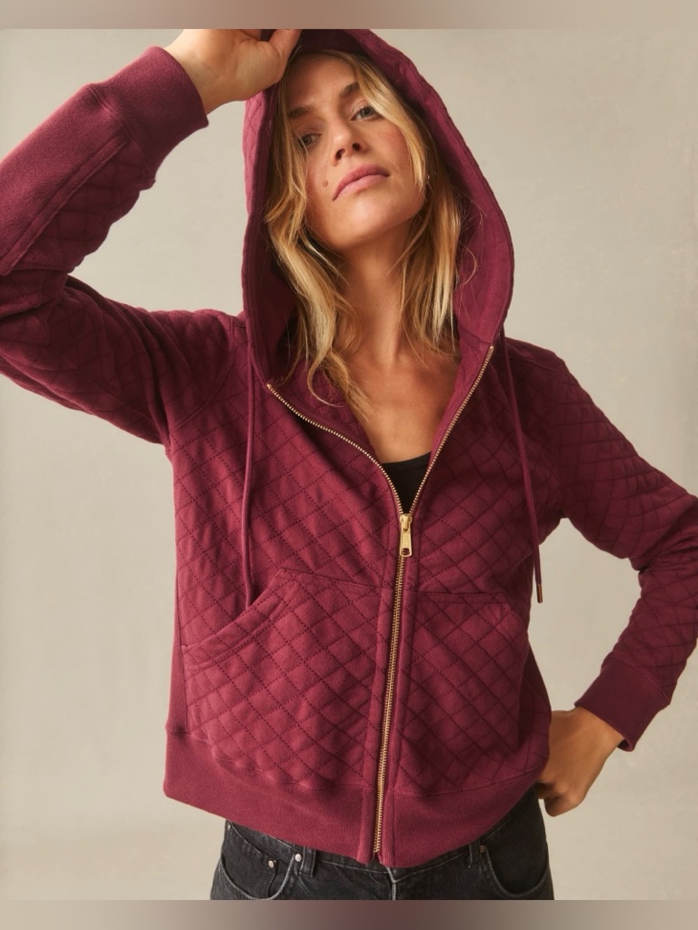 AMERICAN GIANT Womens Diamond Stitch Full Zip Hoodie Medium Red Gold Quilted
